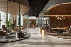 Contemporary commercial office interior with collaborative workspace and biophilic design.