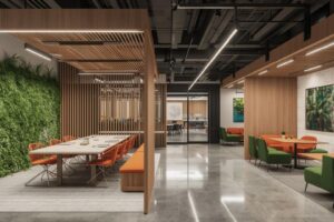 Executive office meeting room with glass partitions, modern furniture, and luxury finishes