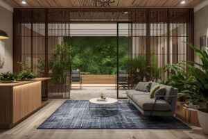 Luxury office lobby featuring wooden partitions, indoor plants, and premium seating.
