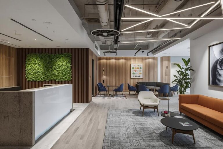 Modern office reception interior with wooden wall panels, green wall, and luxury lighting.