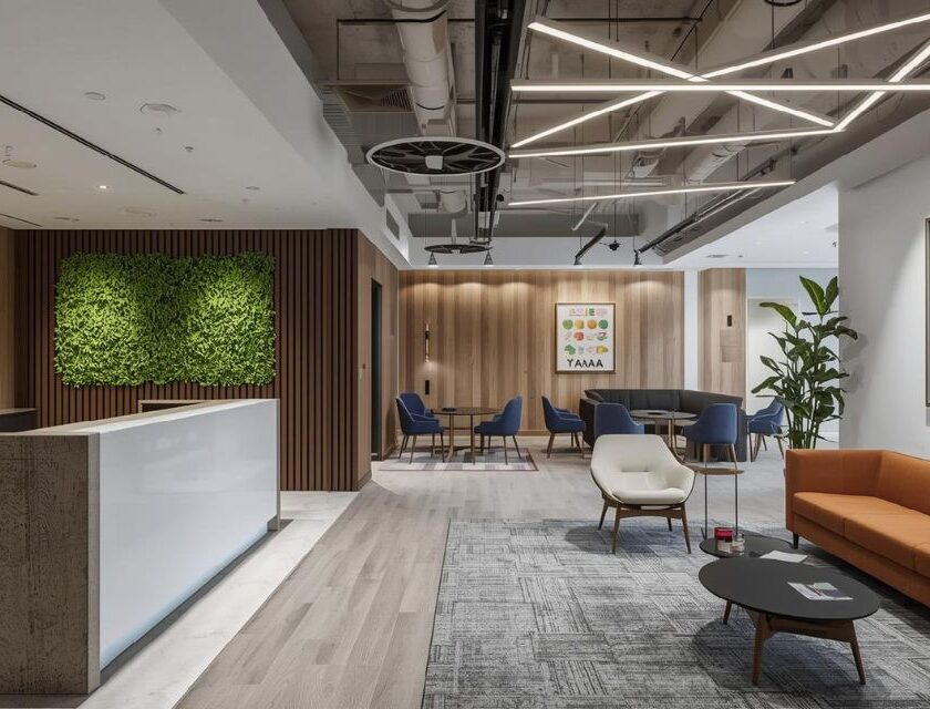 Modern office reception interior with wooden wall panels, green wall, and luxury lighting.
