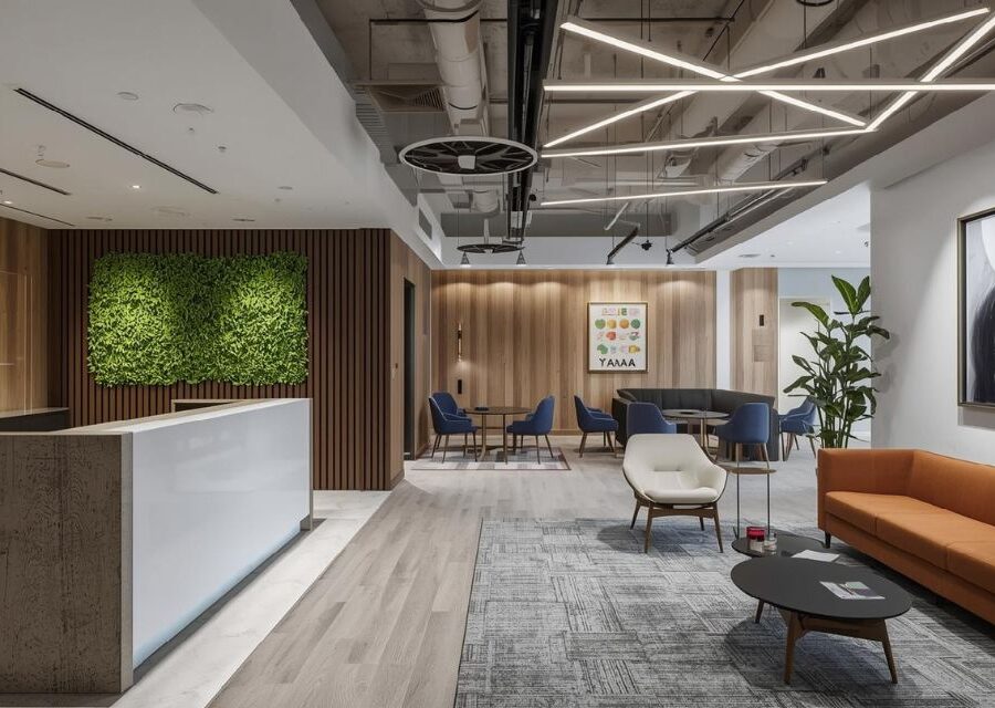 Modern office reception interior with wooden wall panels, green wall, and luxury lighting.