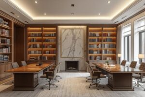 Premium executive boardroom with custom wooden furniture, marble wall, and elegant lighting.